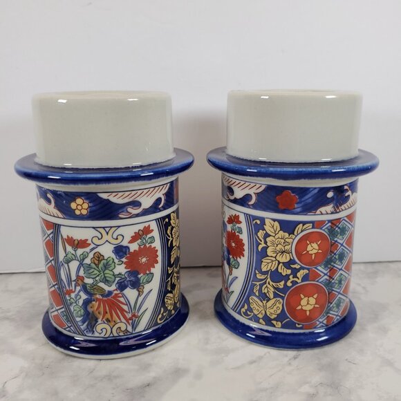Imari Style Porcelain Candlestick Set of 2 Asian Inspired Blue Red Floral Candle - Picture 5 of 7